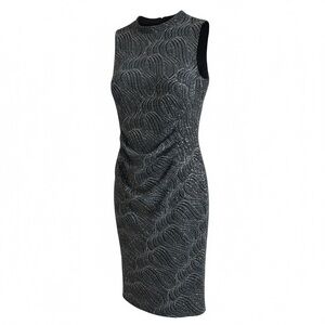 Anne Klein Black and Gray Metallic Swirl Patterned Midi Dress